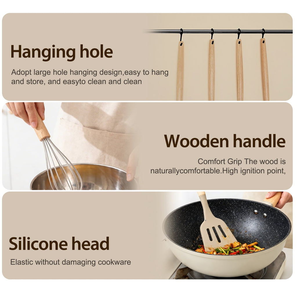 Seamless One-Piece Silicone Cooking Utensils Set, Heat Resistant Kitchen Tools, 36 PCS Non-Stick Silicone Cooking Kitchen Utensils, Khaki - Heat-Resistant Silicone Cooking Spatula Turner Detail
