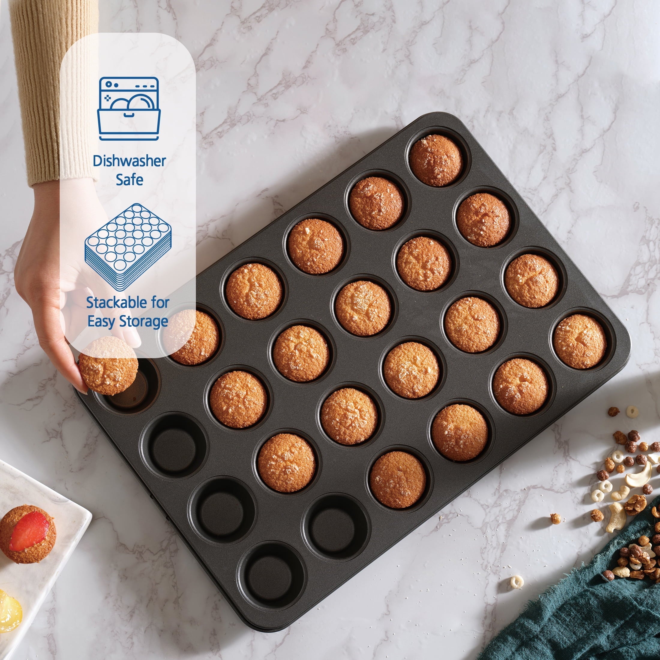Time-Saving 24 Cavity Mini Muffin Pan, Non-Stick Bakeware,1.8 inch Diameter Cups,Gray,Carbon Steel - Premium Stainless Steel Garlic Presser & Peeler Detail