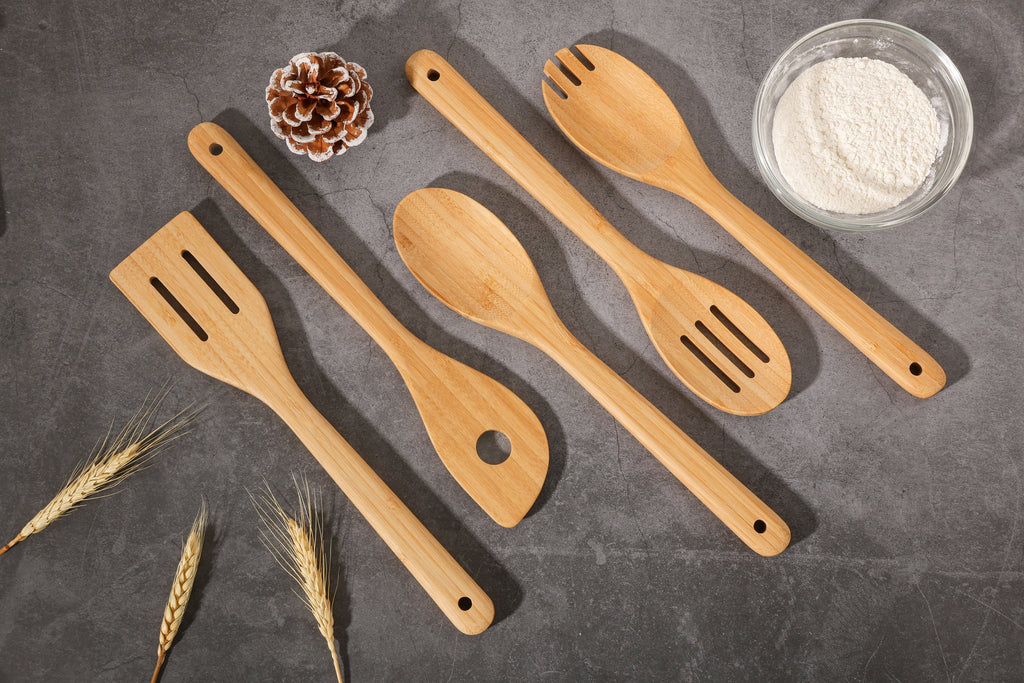 Heat-Resistant 5pk Bamboo Spoons for Cooking, Kitchen Essential Tools Set - Ergonomic Kitchen Tongs and Cooking Spoon Utensil Detail