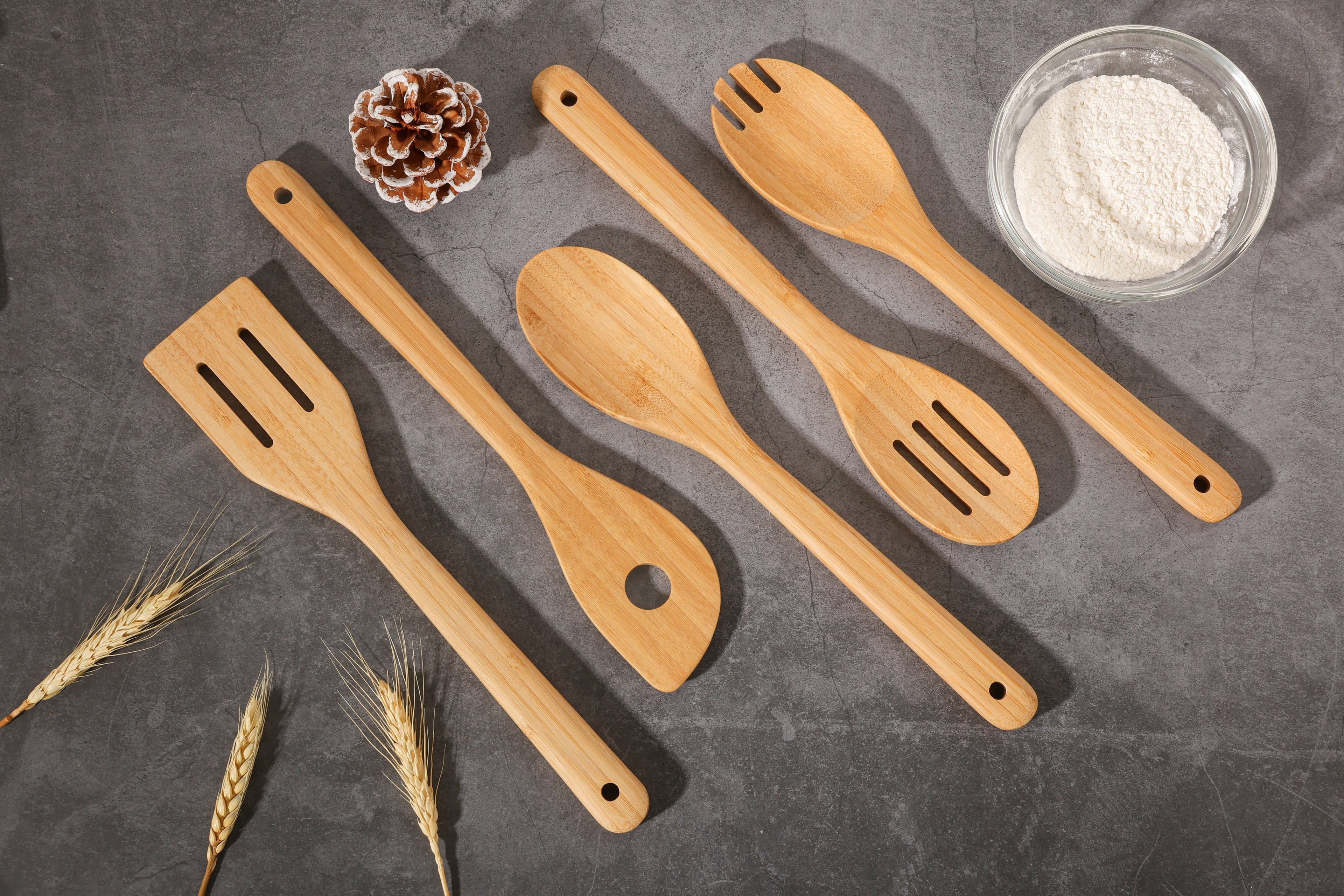 Heat-Resistant 5pk Bamboo Spoons for Cooking, Kitchen Essential Tools Set - Ergonomic Kitchen Tongs and Cooking Spoon Utensil Detail