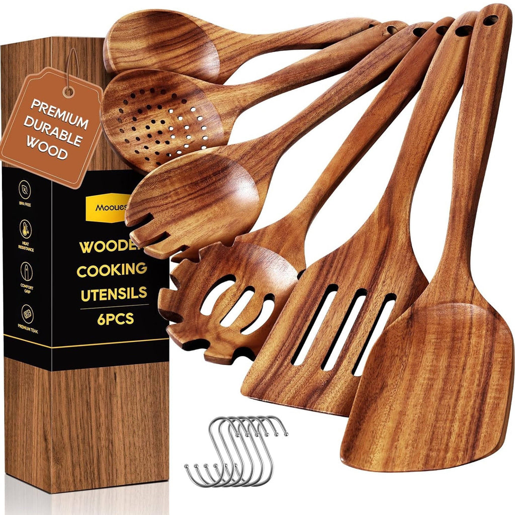 Heat-Resistant 6-Piece Natural Teak Wooden Spoons for Cooking With 10 Hooks，Handcrafted Kitchen Utensils Set ，Ideal Gift Set - Heat-Resistant Silicone Cooking Spatula Turner - Default Title