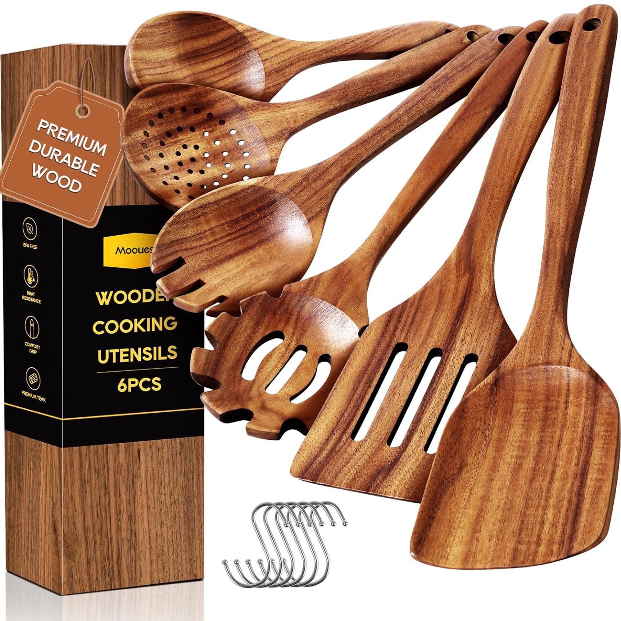 Heat-Resistant 6-Piece Natural Teak Wooden Spoons for Cooking With 10 Hooks，Handcrafted Kitchen Utensils Set ，Ideal Gift Set - Heat-Resistant Silicone Cooking Spatula Turner - Default Title