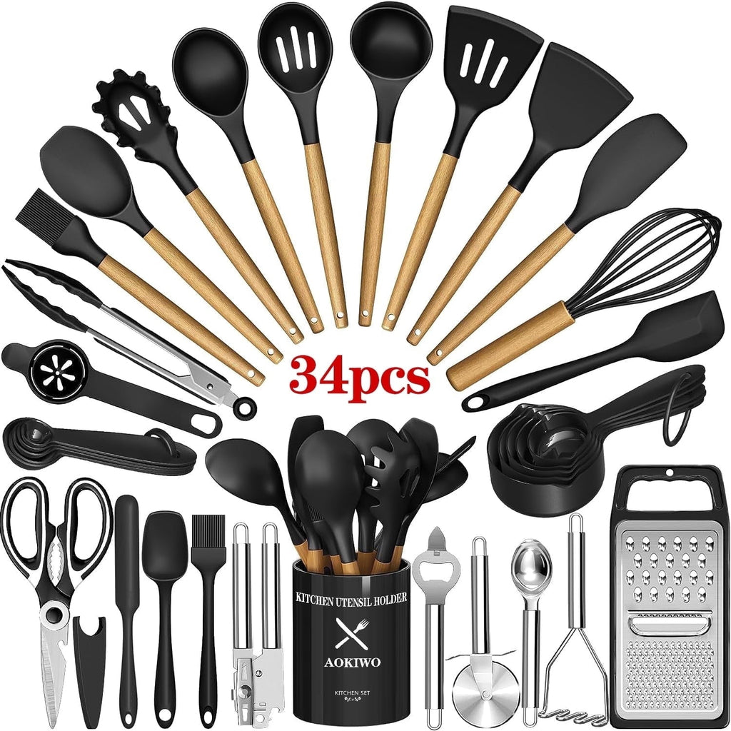 Professional Grade Kitchen Utensil Set, 34Pieces Silicone Cooking Utensil Set with Wooden Handle, Heat Resistant Spatula Set Gadg... - Multi-Purpose Hand Tool for Daily Meal Prep - Default Title