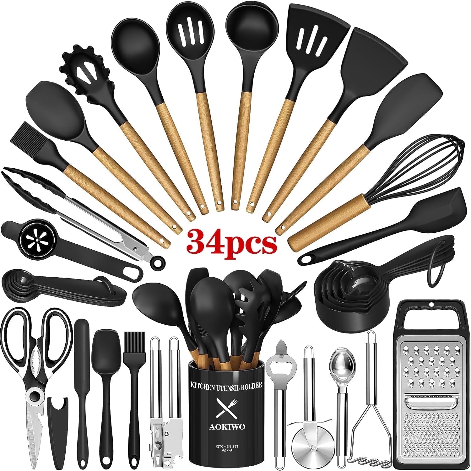 Ergonomic Cooking Kitchen Utensil Set, 34Pieces Silicone Cooking Utensil Set with Wooden Handle, Heat Resistant Spatula Set Gadg... - Durable Turner & Ladle Utensil Set for Home Chefs - Default Title