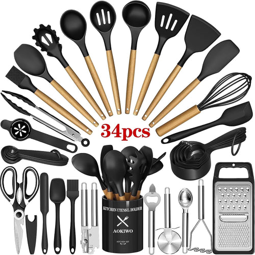Ergonomic Cooking Kitchen Utensil Set, 34Pieces Silicone Cooking Utensil Set with Wooden Handle, Heat Resistant Spatula Set Gadg... - Durable Turner & Ladle Utensil Set for Home Chefs - Default Title