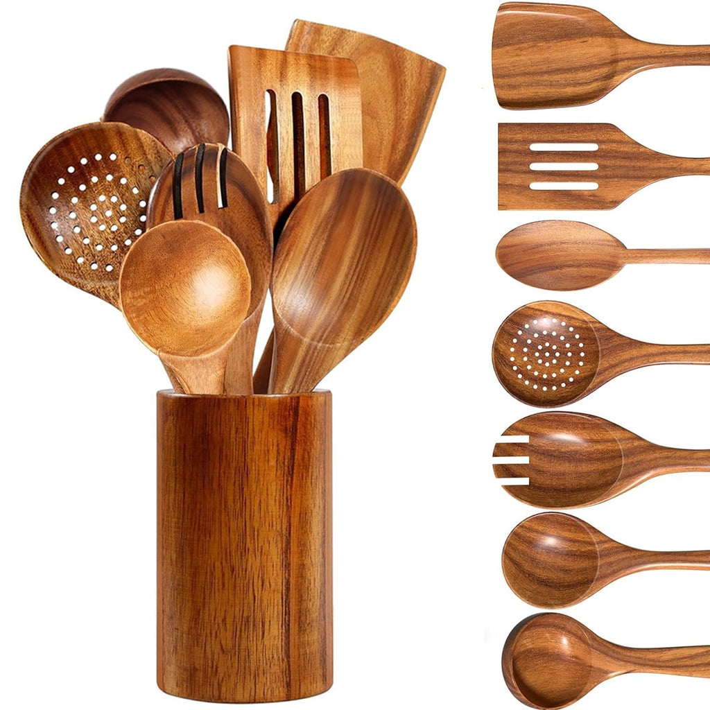 Heat-Resistant Wooden Spoons for Cooking, 8 Pcs Natural Teak Wooden Utensils Set, Non-Stick & Heat Resistant Durable Wood ... - Premium Stainless Steel Cooking Utensil for Non-Stick Pots - Default Title