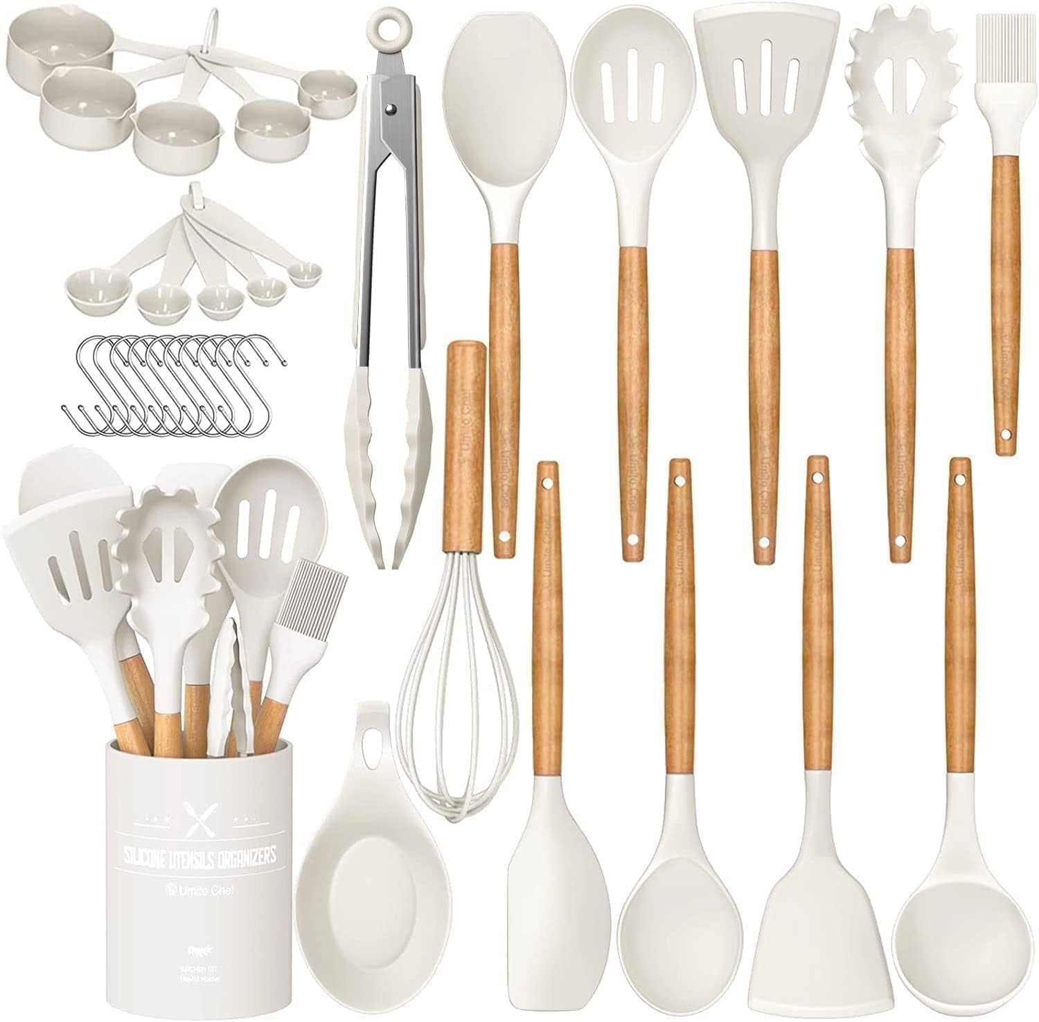 Non-Stick Safe Kitchen Cooking Utensils Set, 33 pcs Non-stick Silicone Cooking Kitchen Utensils Spatula Set with Holder, Wooden Hand... - Ergonomic Kitchen Tongs and Cooking Spoon Utensil - Default Title