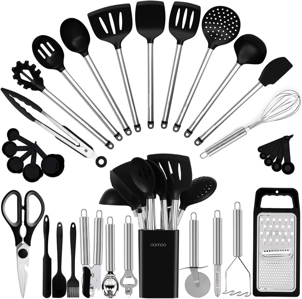 Ergonomic Cooking Kitchen Utensil Set-Silicone Cooking Utensils-33 Kitchen Gadgets & Spoons for Nonstick Cookware-Silicone and Stainles... - Ergonomic Kitchen Tongs and Cooking Spoon Utensil - Default Title
