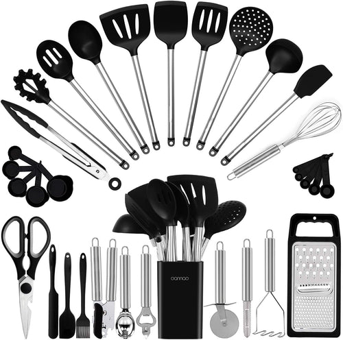 Ergonomic Cooking Kitchen Utensil Set-Silicone Cooking Utensils-33 Kitchen Gadgets & Spoons for Nonstick Cookware-Silicone and Stainles... - Ergonomic Kitchen Tongs and Cooking Spoon Utensil - Default Title