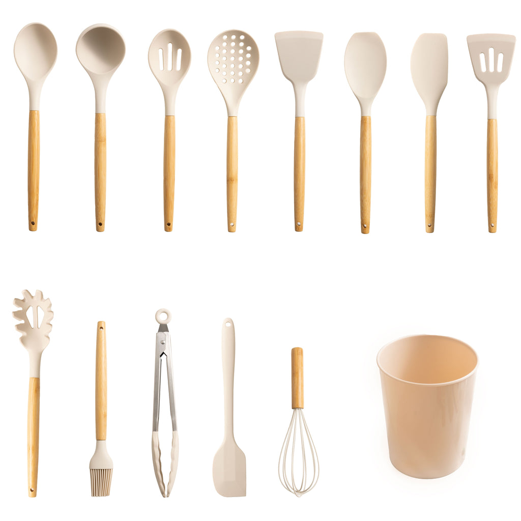 Durable Steel Silicone & Bamboo Cooking Utensil Set, 14 Pieces - Multi-Purpose Hand Tool for Daily Meal Prep - Default Title