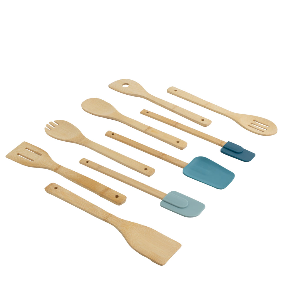Non-Stick Safe 9-Piece Bamboo Gadgets Kitchen and Cooking Utensil Sets, Blue - Premium Stainless Steel Cooking Utensil for Non-Stick Pots - Default Title