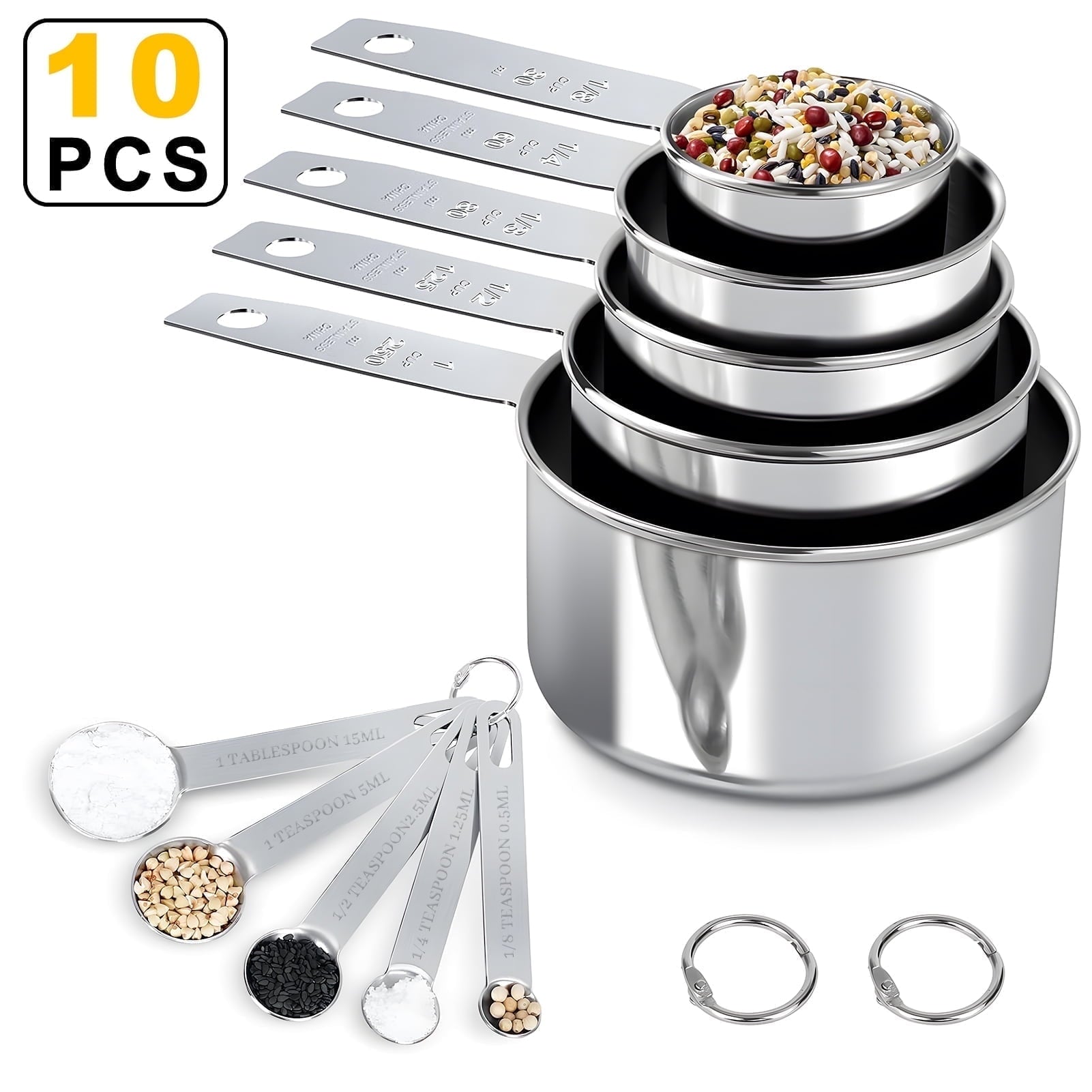 Seamless One-Piece Measuring Cups and Spoons Set of 10, 5 Stainless Steel Cups and 5 Spoons for Kitchen Cooking Baking - Durable Turner & Ladle Utensil Set for Home Chefs - Default Title