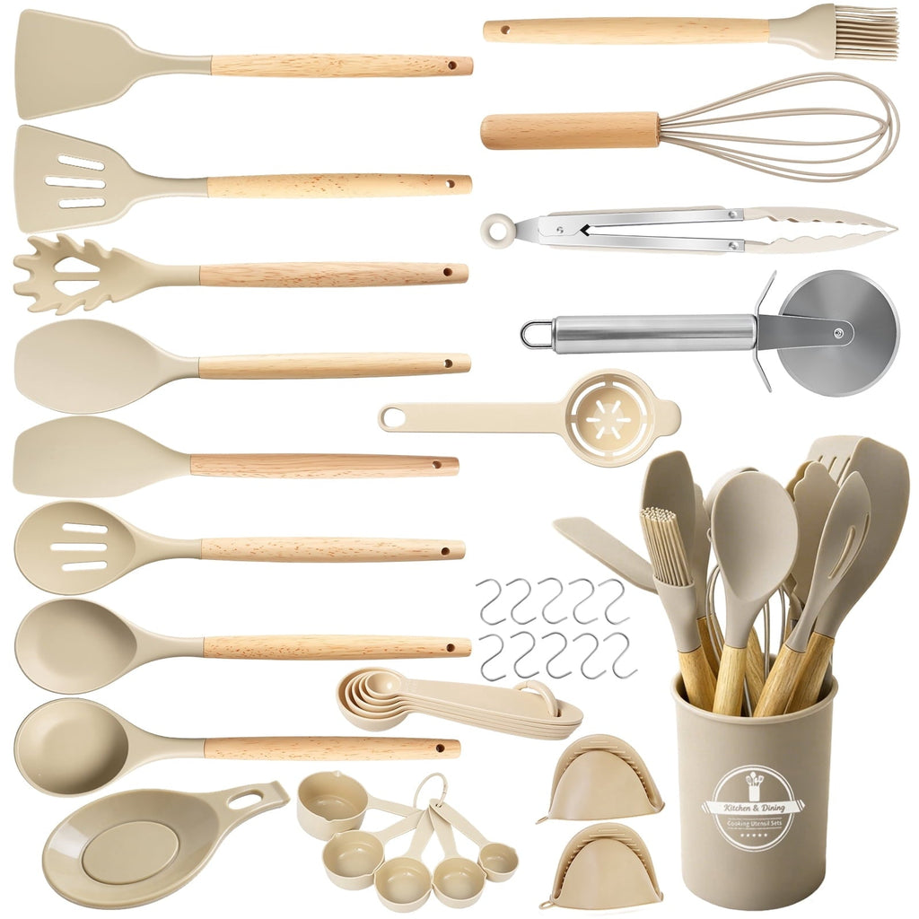 Chef-Quality Silicone Cooking Utensils Set, Heat Resistant Kitchen Tools, 36 PCS Non-Stick Silicone Cooking Kitchen Utensils, Khaki - Heavy Duty Stainless Steel Kitchen Shears - Default Title