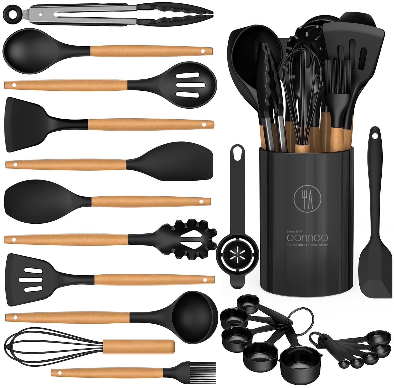 Professional Grade Silicone Cooking Utensils Set - Silicone Kitchen Utensils for Cooking Wooden Handles, 446°F Heat Resistant Kitchen Ut... - Multi-Purpose Hand Tool for Daily Meal Prep - Default Title