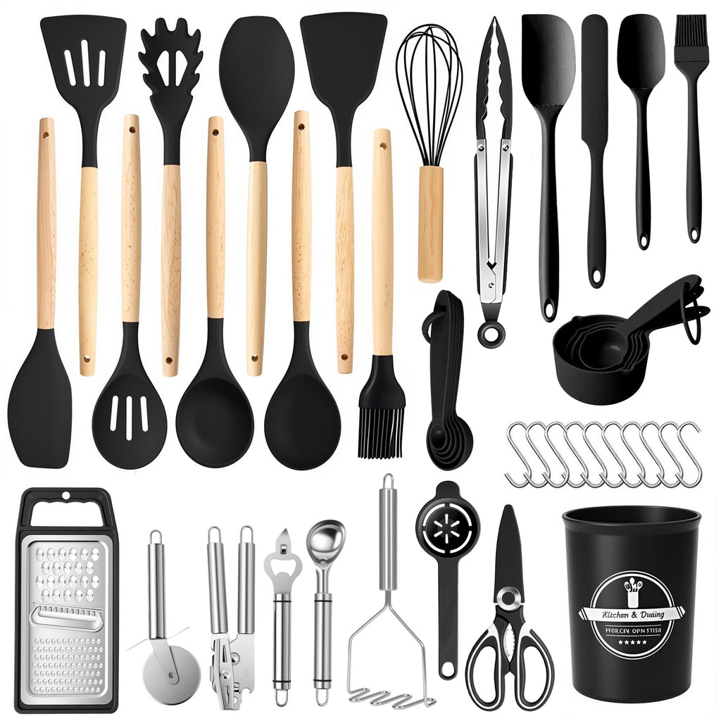 Premium Silicone Silicone Cooking Utensils Set with Holder, 44 PCS Kitchen Utensils Set, Silicone Kitchen Gadgets Spatulas Set for Non... - Premium Stainless Steel Cooking Utensil for Non-Stick Pots - Default Title