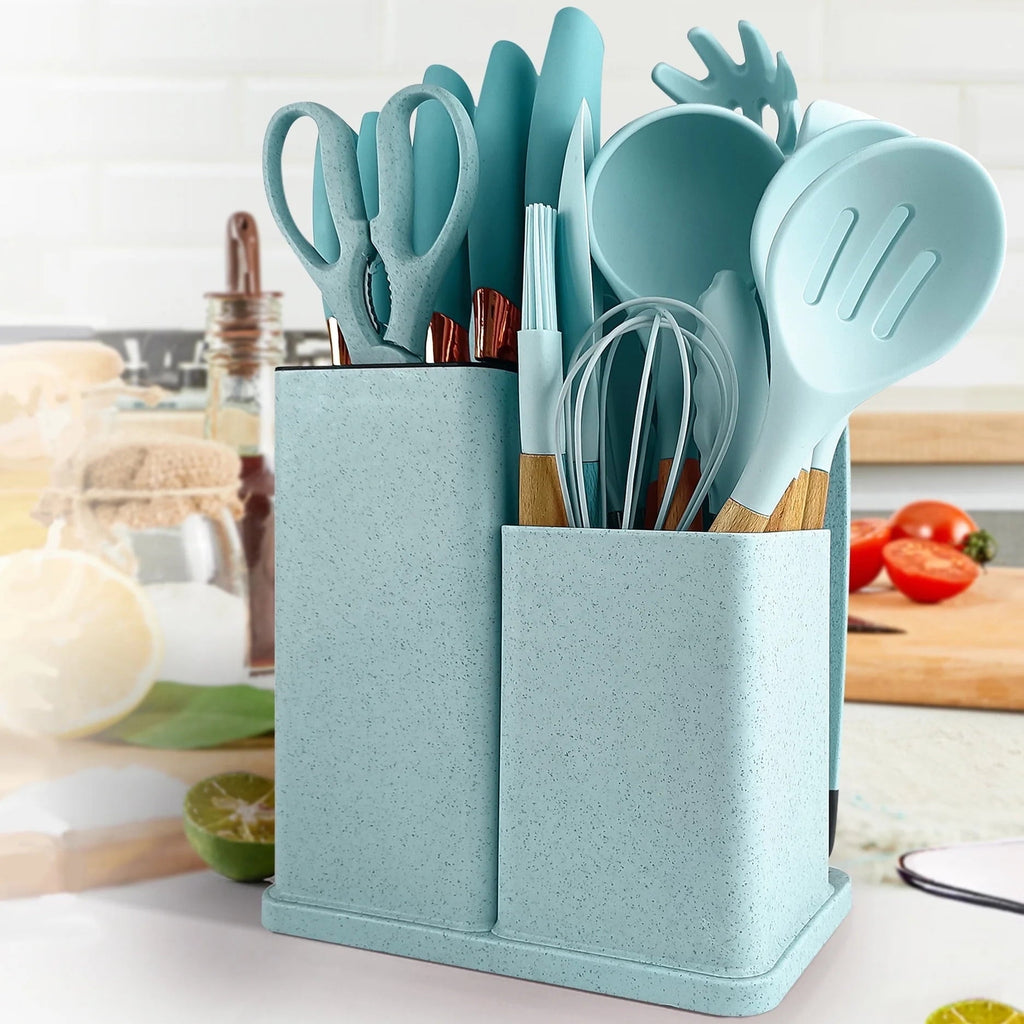 Durable Steel Silicone Kitchen Cooking Utensils Set, 19 Pieces Utensil with Holder, Heat Resistant, Green - High-Precision Culinary Tool for Baking & Cooking - Default Title