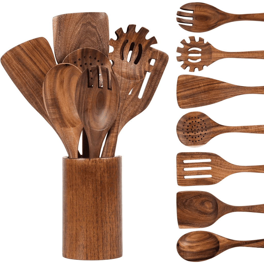 Premium Silicone Wooden Spoons for Cooking, 8 Pcs Natural Wooden Utensil for Cooking with Non-Stick, Heat Resistant, Wood... - Durable Turner & Ladle Utensil Set for Home Chefs - Default Title