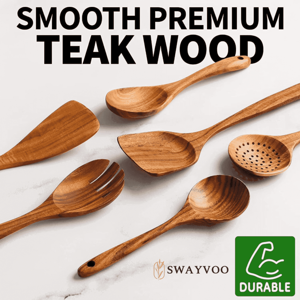 Non-Stick Safe Wooden Spoons for Cooking, 6-Piece 100% Natural Teak Wooden Utensils for Cooking — Heat Resistant, Non-Stick ... - Durable Turner & Ladle Utensil Set for Home Chefs - Default Title
