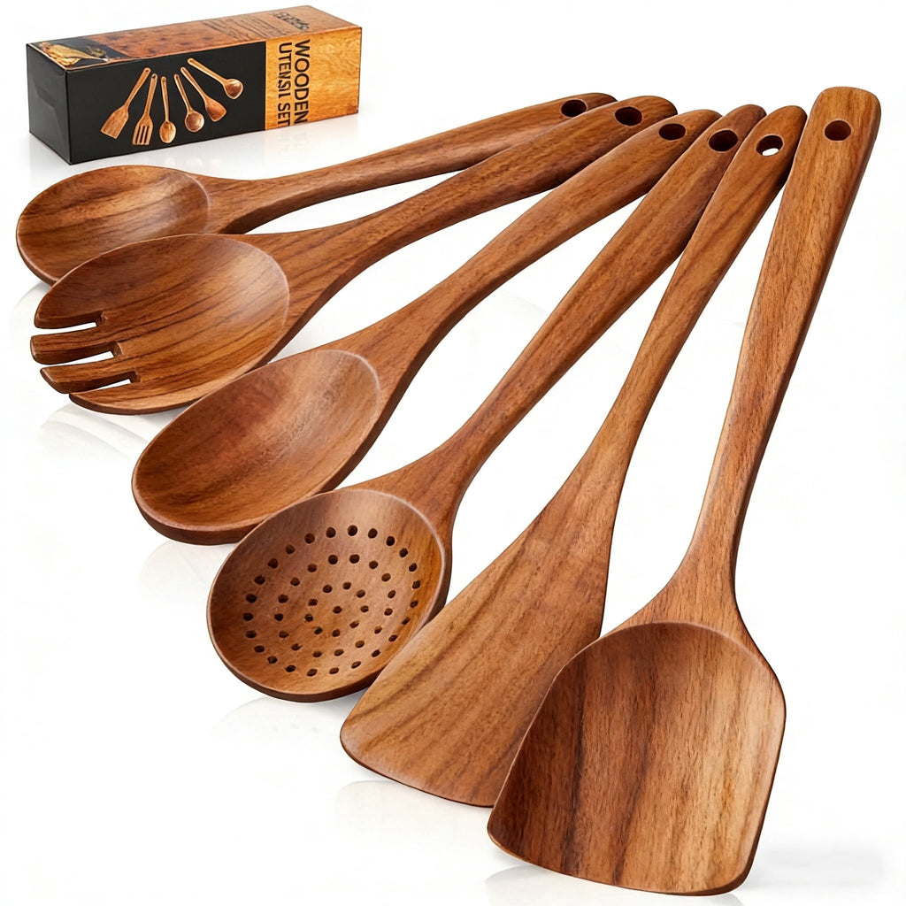 Ergonomic Cooking Wooden Spoons for Cooking, 6 PCS Teak Wood Cooking Utensil Set, Wooden Kitchen Utensils for Nonstick Pans & Cookware,... - Ergonomic Kitchen Tongs and Cooking Spoon Utensil - Default Title