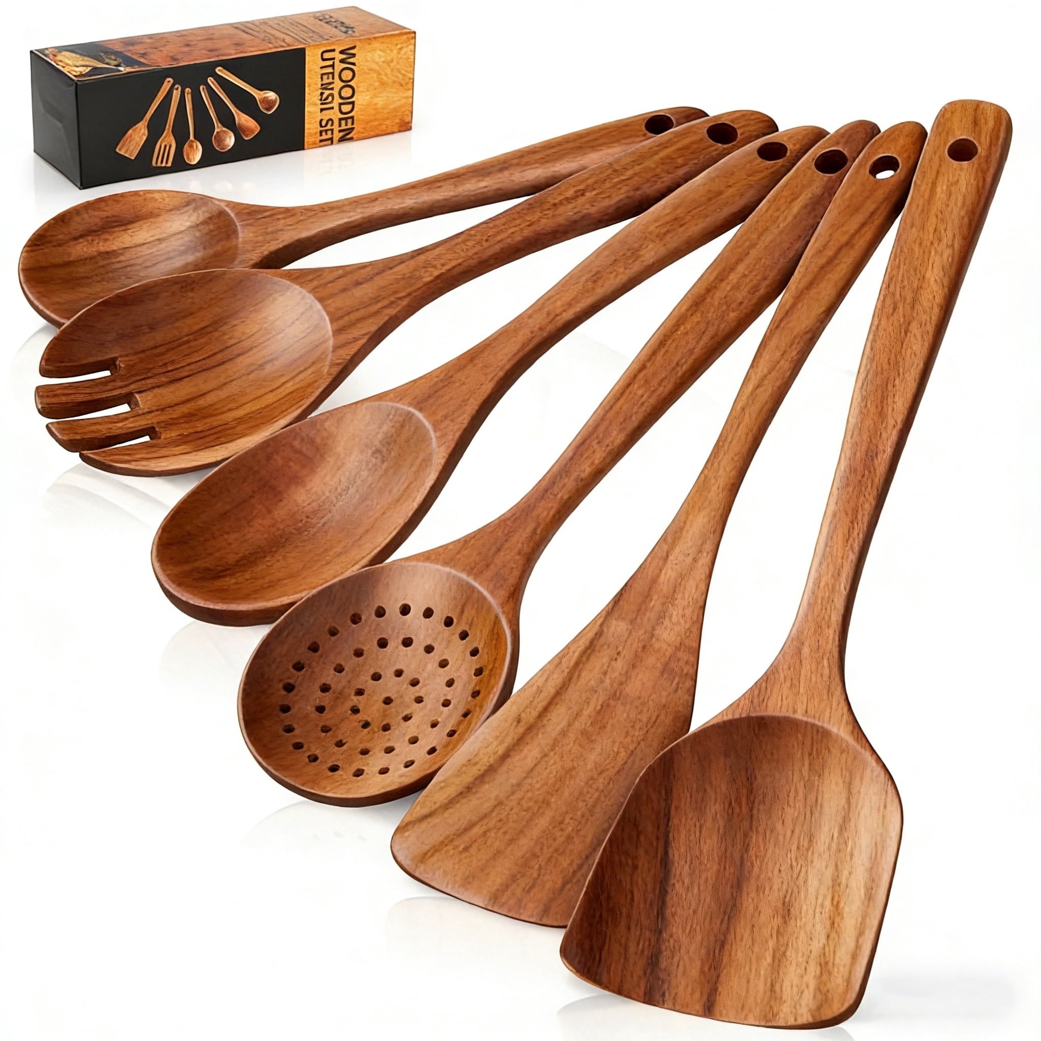 Ergonomic Cooking Wooden Spoons for Cooking, 6 PCS Teak Wood Cooking Utensil Set, Wooden Kitchen Utensils for Nonstick Pans & Cookware,... - Ergonomic Kitchen Tongs and Cooking Spoon Utensil - Default Title