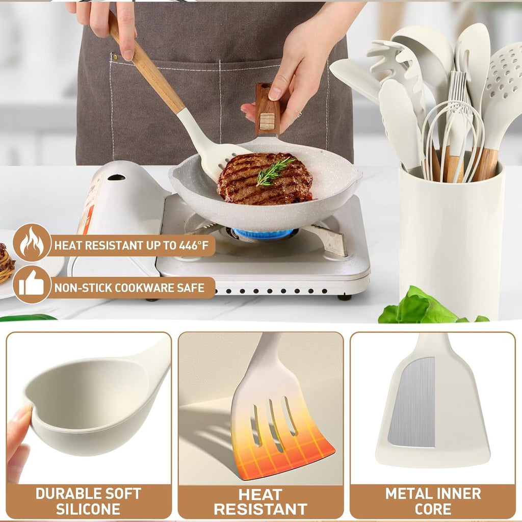 Seamless One-Piece Cooking Utensils Set, 12 packs Non-Stick Silicone Cooking Kitchen Utensils Spatula Set with Wooden Handles and... - Heat-Resistant Silicone Cooking Spatula Turner Detail