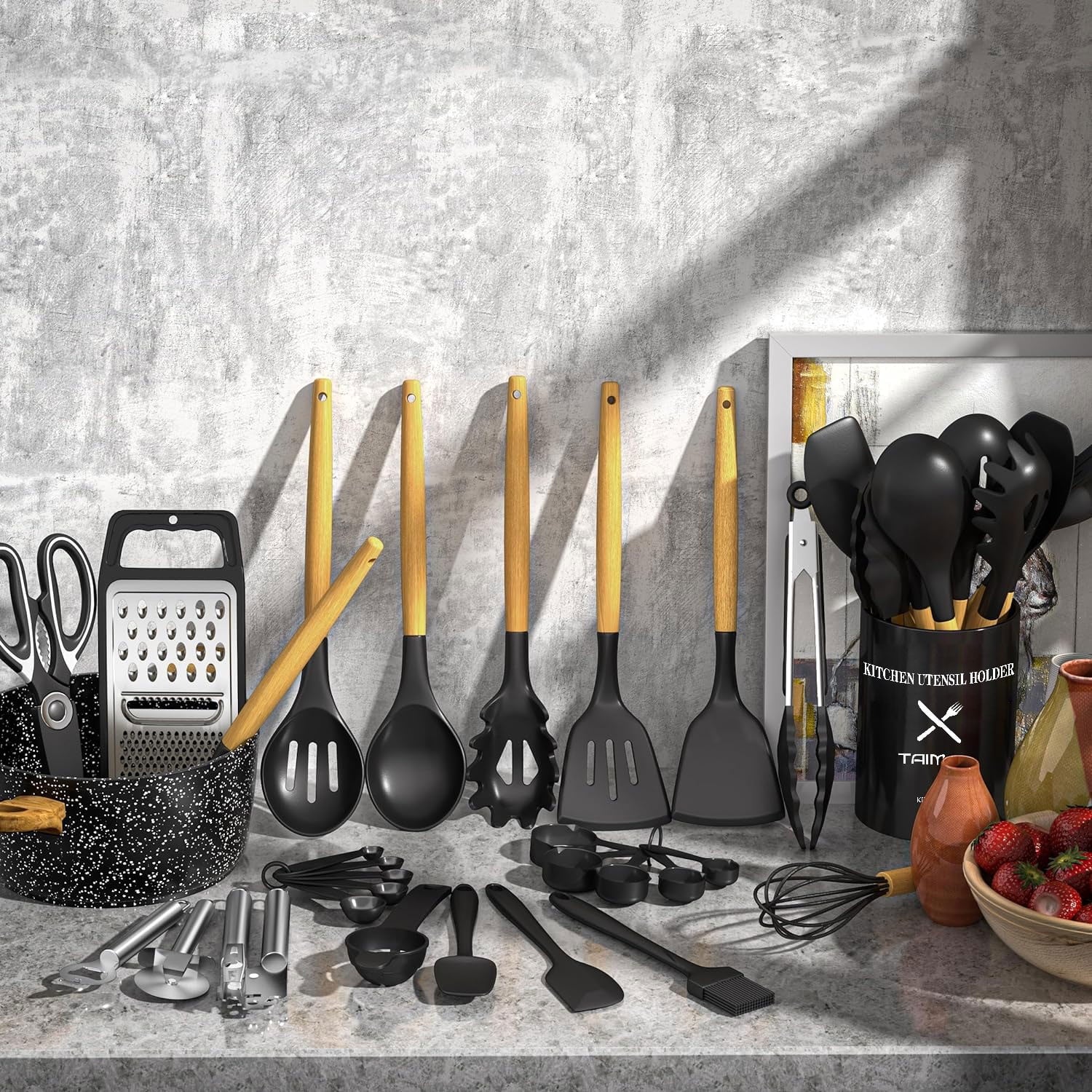 Ergonomic Cooking Kitchen Utensil Set, 34Pieces Silicone Cooking Utensil Set with Wooden Handle, Heat Resistant Spatula Set Gadg... - Durable Turner & Ladle Utensil Set for Home Chefs Detail