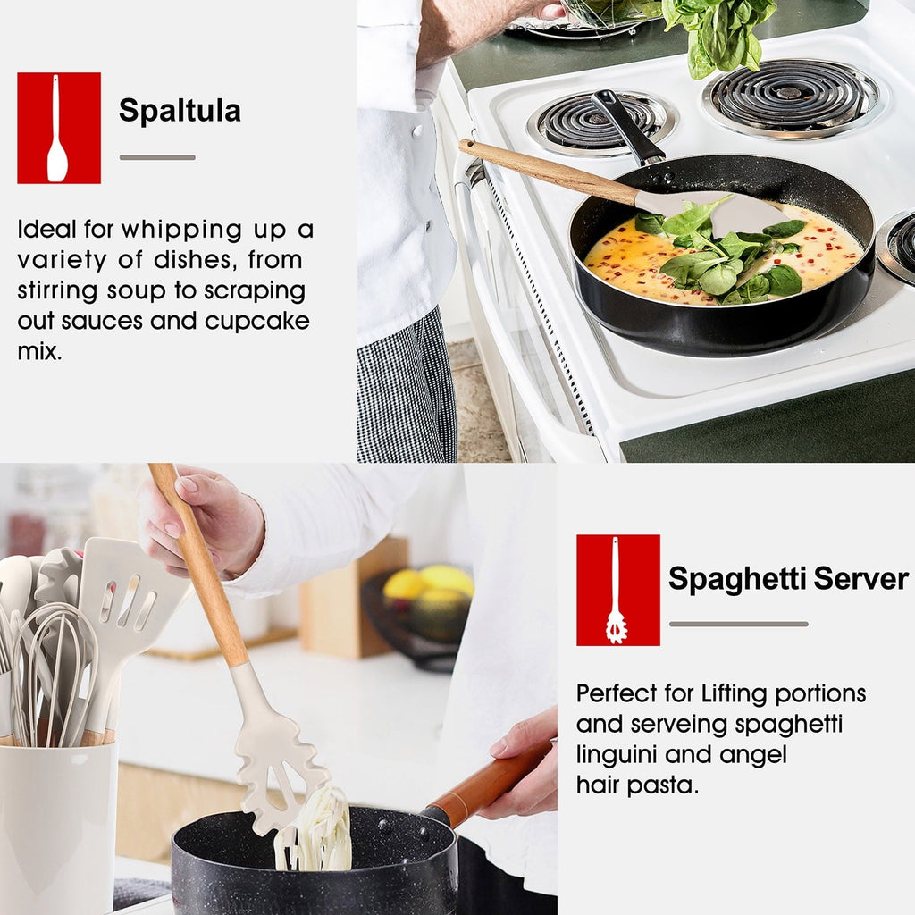 Premium Silicone Kitchen Utensils Set of 6, Silicone Cooking Utensils with Wooden Handle, Non-Stick Cookware & Heat Resistant, Include... - Premium Stainless Steel Cooking Utensil for Non-Stick Pots Detail