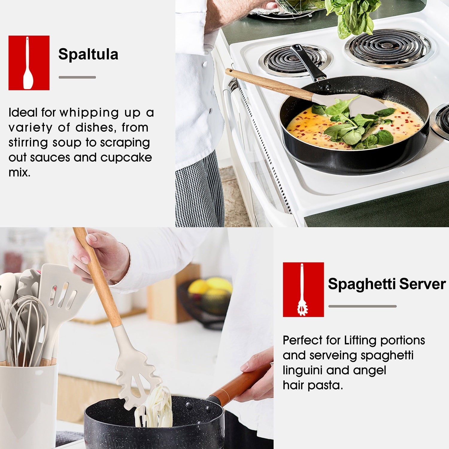 Chef-Quality Kitchen Utensils Set of 6, Silicone Cooking Utensils with Wooden Handle, Non-Stick Cookware & Heat Resistant, Include... - Multi-Purpose Hand Tool for Daily Meal Prep Detail
