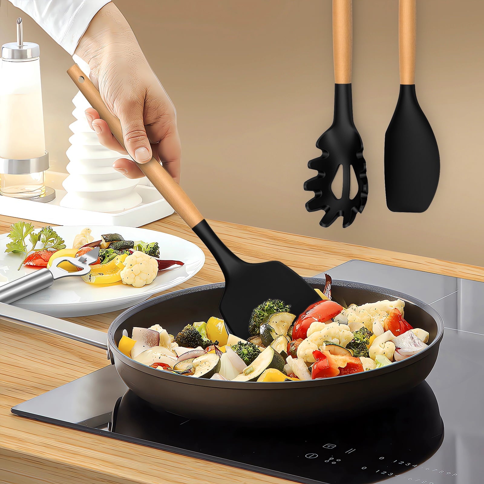 Heat-Resistant Silicone Cooking Utensils Set - Silicone Kitchen Utensils for Cooking Wooden Handles, 446°F Heat Resistant Kitchen Ut... - Durable Turner & Ladle Utensil Set for Home Chefs Detail