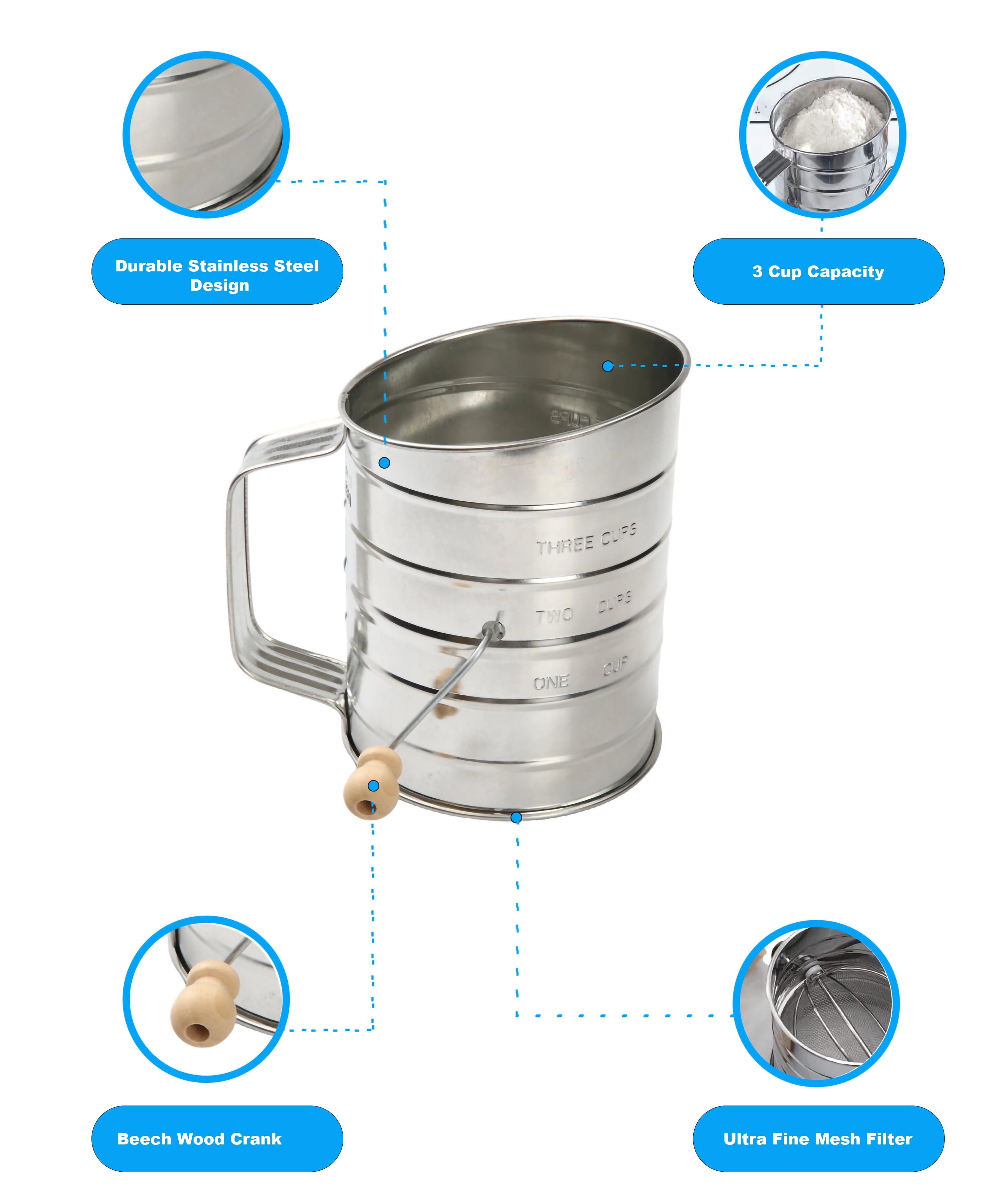 Ergonomic Manual Stainless Steel 3 Cup Flour Hand-Crank Sifter with Beechwood Handle Silver - Premium Stainless Steel Garlic Presser & Peeler Detail