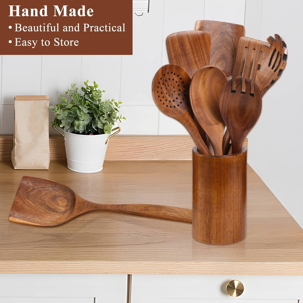 Premium Silicone Wooden Spoons for Cooking, 8 Pcs Natural Wooden Utensil for Cooking with Non-Stick, Heat Resistant, Wood... - Durable Turner & Ladle Utensil Set for Home Chefs Detail
