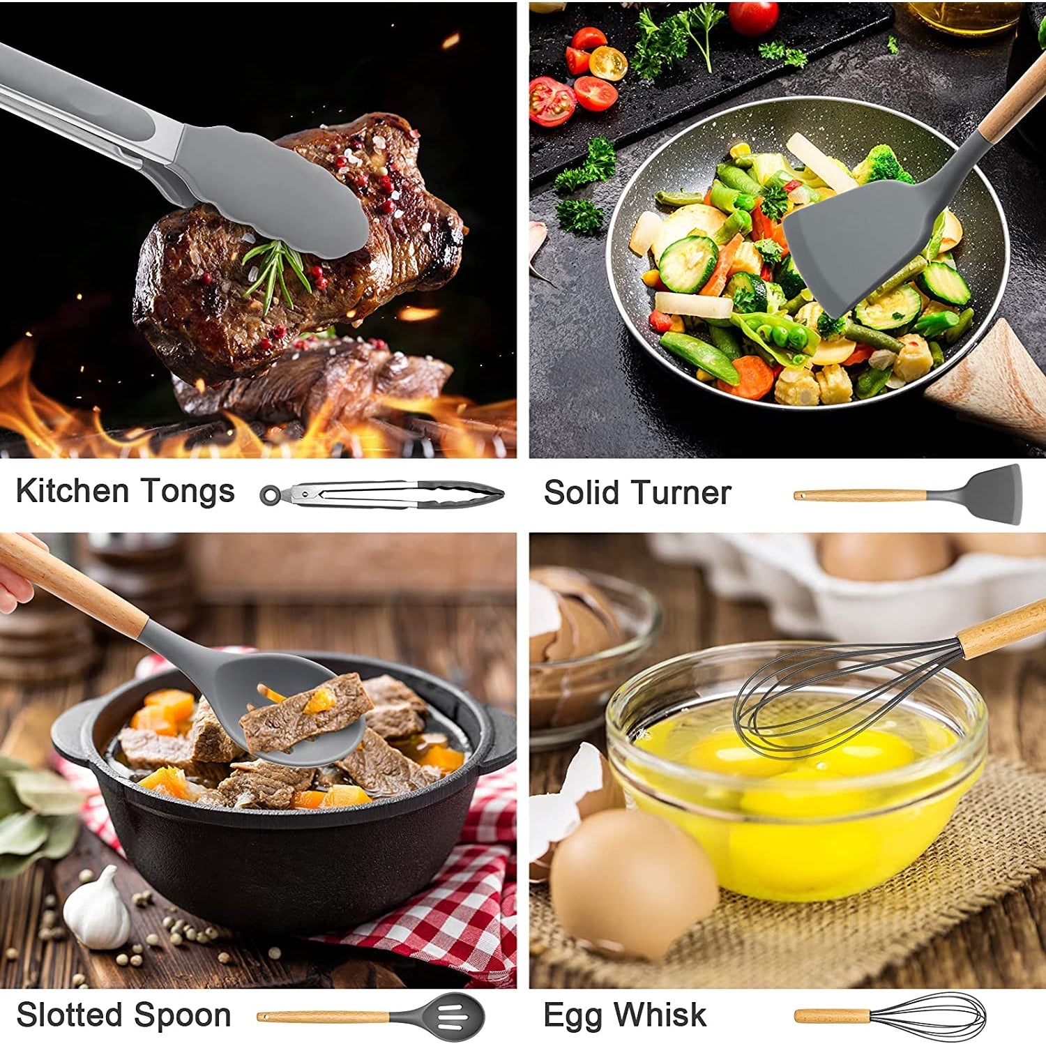 Non-Stick Safe Silicone Cooking Utensils Set, 446°F Heat Resistant Wooden Handle Cooking Kitchen Utensils Spatula Set with Holder fo... - Heat-Resistant Silicone Cooking Spatula Turner Detail