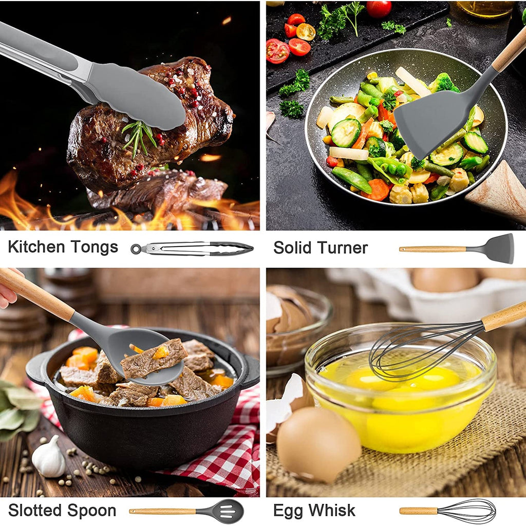 High-Precision Silicone Cooking Utensils Set, 446°F Heat Resistant Wooden Handle Cooking Kitchen Utensils Spatula Set with Holder fo... - High-Precision Culinary Tool for Baking & Cooking Detail
