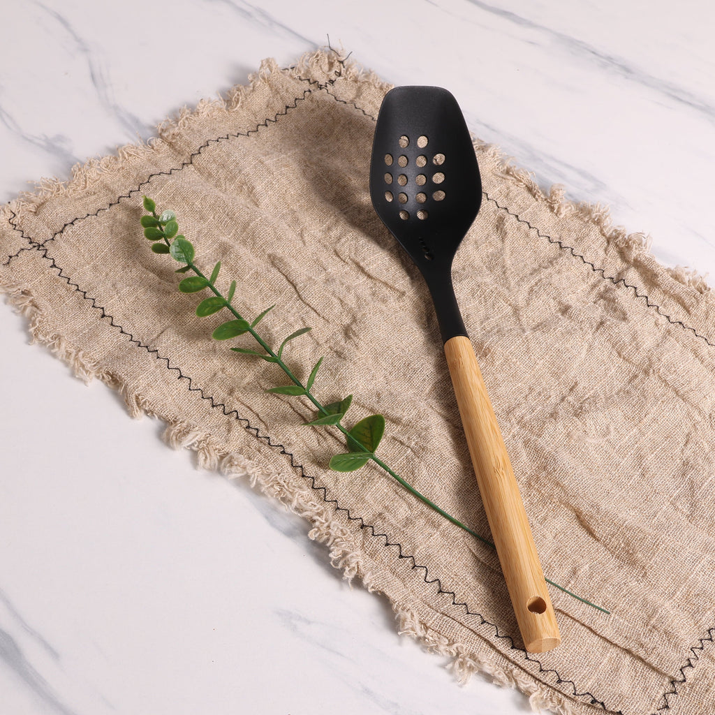 Heavy Duty Cooking Spoon with Bamboo Handle, 12.6"2.7", & Bamboo, Black - Professional Kitchen Tool for Culinary Enthusiasts Detail