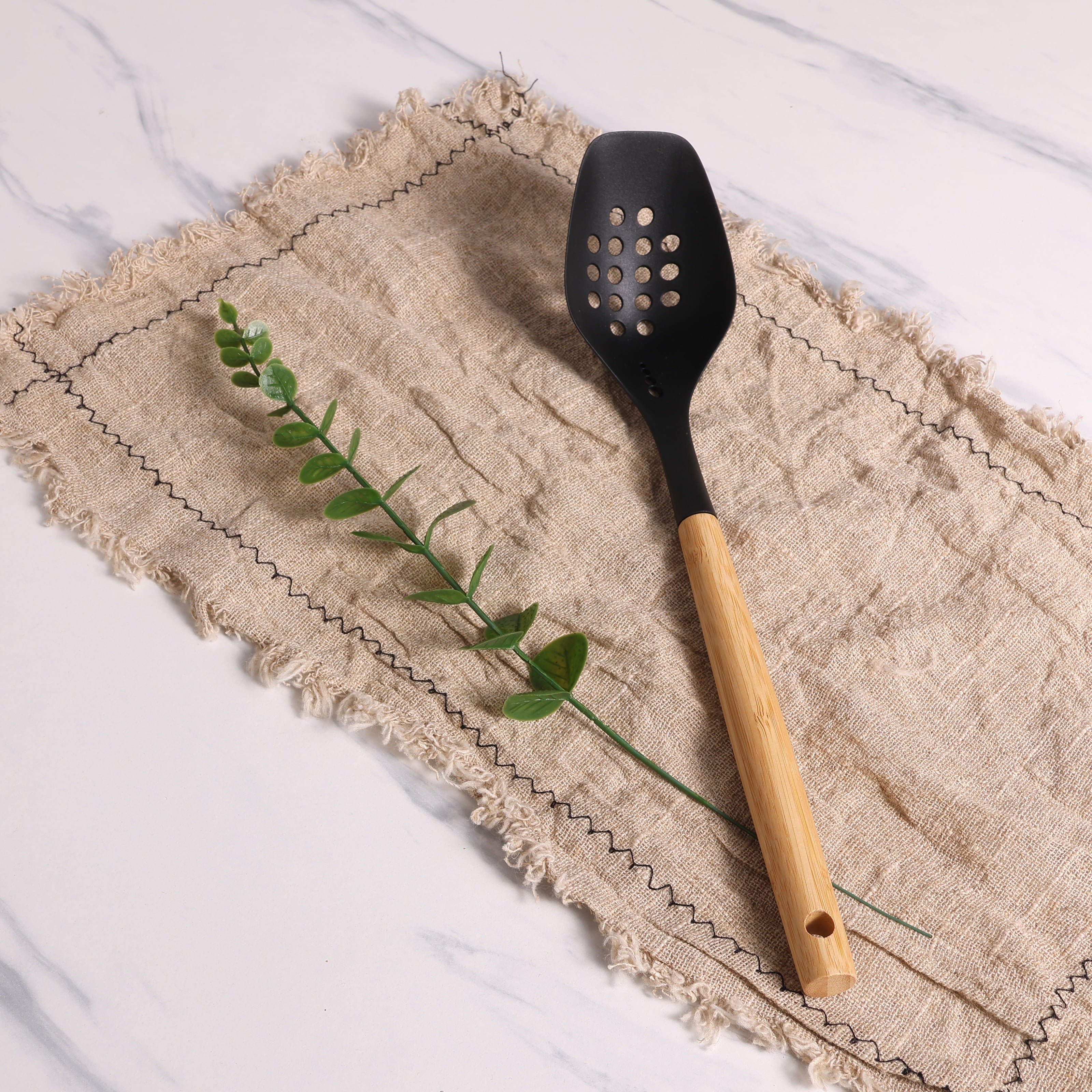 Heavy Duty Cooking Spoon with Bamboo Handle, 12.6"2.7", & Bamboo, Black - Professional Kitchen Tool for Culinary Enthusiasts Detail