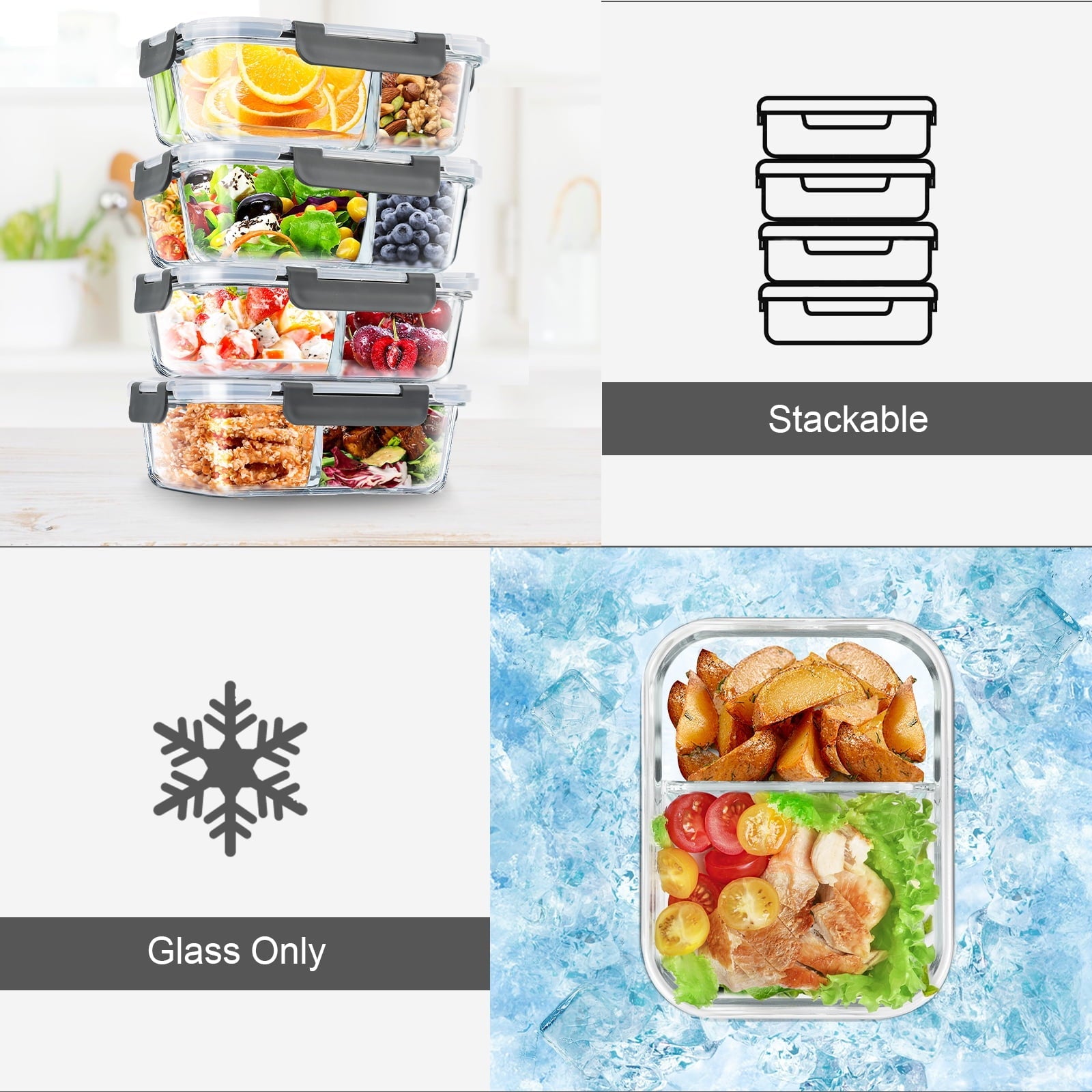 Playful Geometric 8 Pcs Glass Food Storage Containers with Lids, 2 & 3 Compartment Glass Airtight Meal Prep Containers (4 Containers & ... - Fun Food Fidget Cookie Squishable Toy Detail