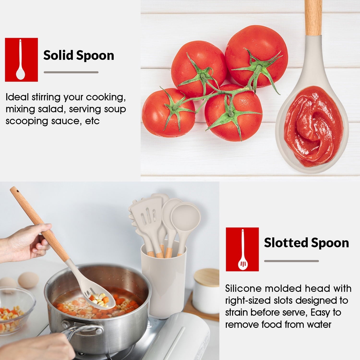 Premium Silicone Kitchen Utensils Set of 6, Silicone Cooking Utensils with Wooden Handle, Non-Stick Cookware & Heat Resistant, Include... - Premium Stainless Steel Cooking Utensil for Non-Stick Pots Detail