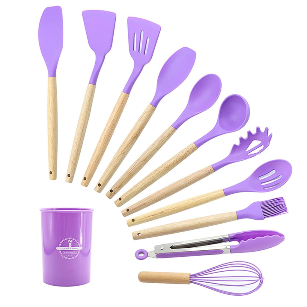 Non-Stick Safe 12Pcs Cooking Kitchen Utensils Set with Holder,Wooden Handles Cooking Tool,BPA Free,Non Toxic Turner Tongs Spa... - Ergonomic Kitchen Tongs and Cooking Spoon Utensil Detail