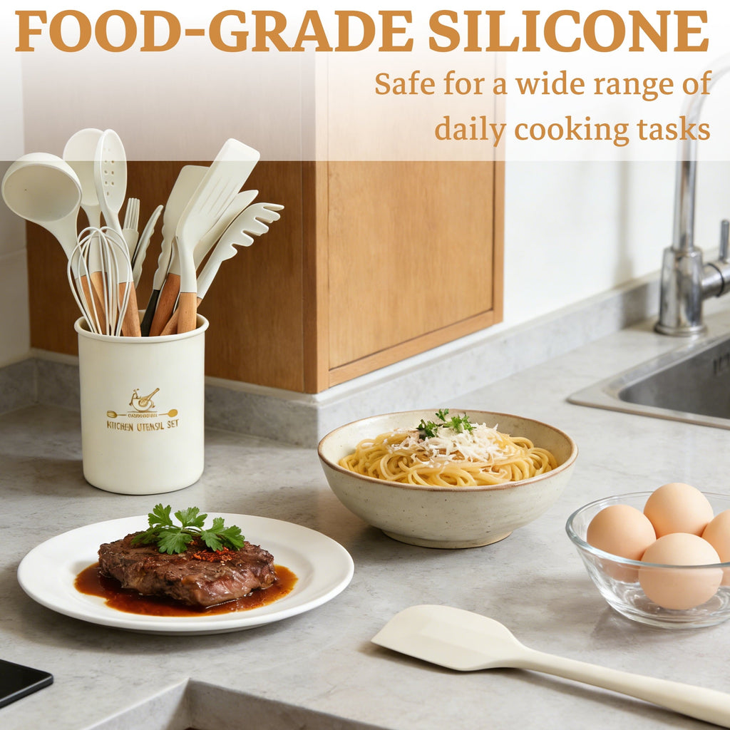 Premium Silicone 14-Piece Silicone Cooking Utensils Set, Non-Stick Kitchen Utensil Set for Baking, Flipping, Mixing, White - Ergonomic Kitchen Tongs and Cooking Spoon Utensil Detail