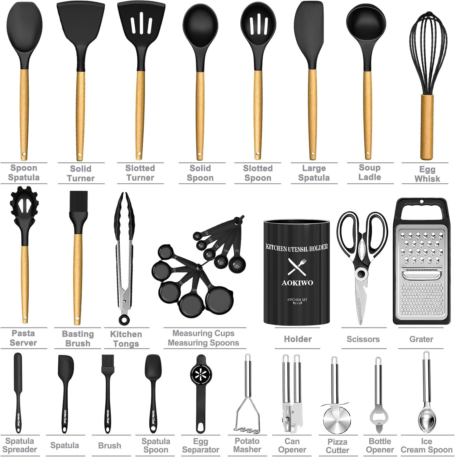 Ergonomic Cooking Kitchen Utensil Set, 34Pieces Silicone Cooking Utensil Set with Wooden Handle, Heat Resistant Spatula Set Gadg... - Durable Turner & Ladle Utensil Set for Home Chefs Detail