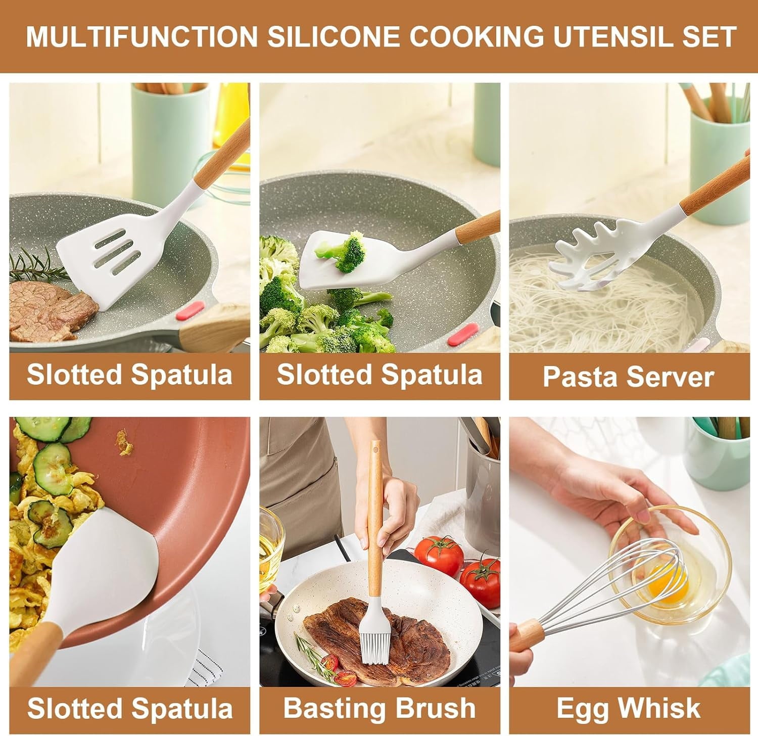 Seamless One-Piece Cooking Utensils Set, 12 packs Non-Stick Silicone Cooking Kitchen Utensils Spatula Set with Wooden Handles and... - Heat-Resistant Silicone Cooking Spatula Turner Detail