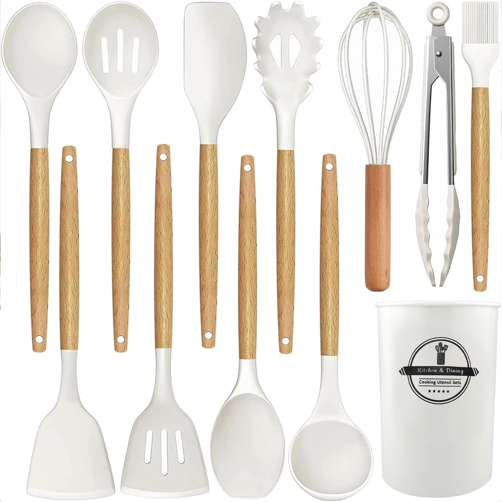 Seamless One-Piece Cooking Utensils Set, 12 packs Non-Stick Silicone Cooking Kitchen Utensils Spatula Set with Wooden Handles and... - Heat-Resistant Silicone Cooking Spatula Turner - Default Title