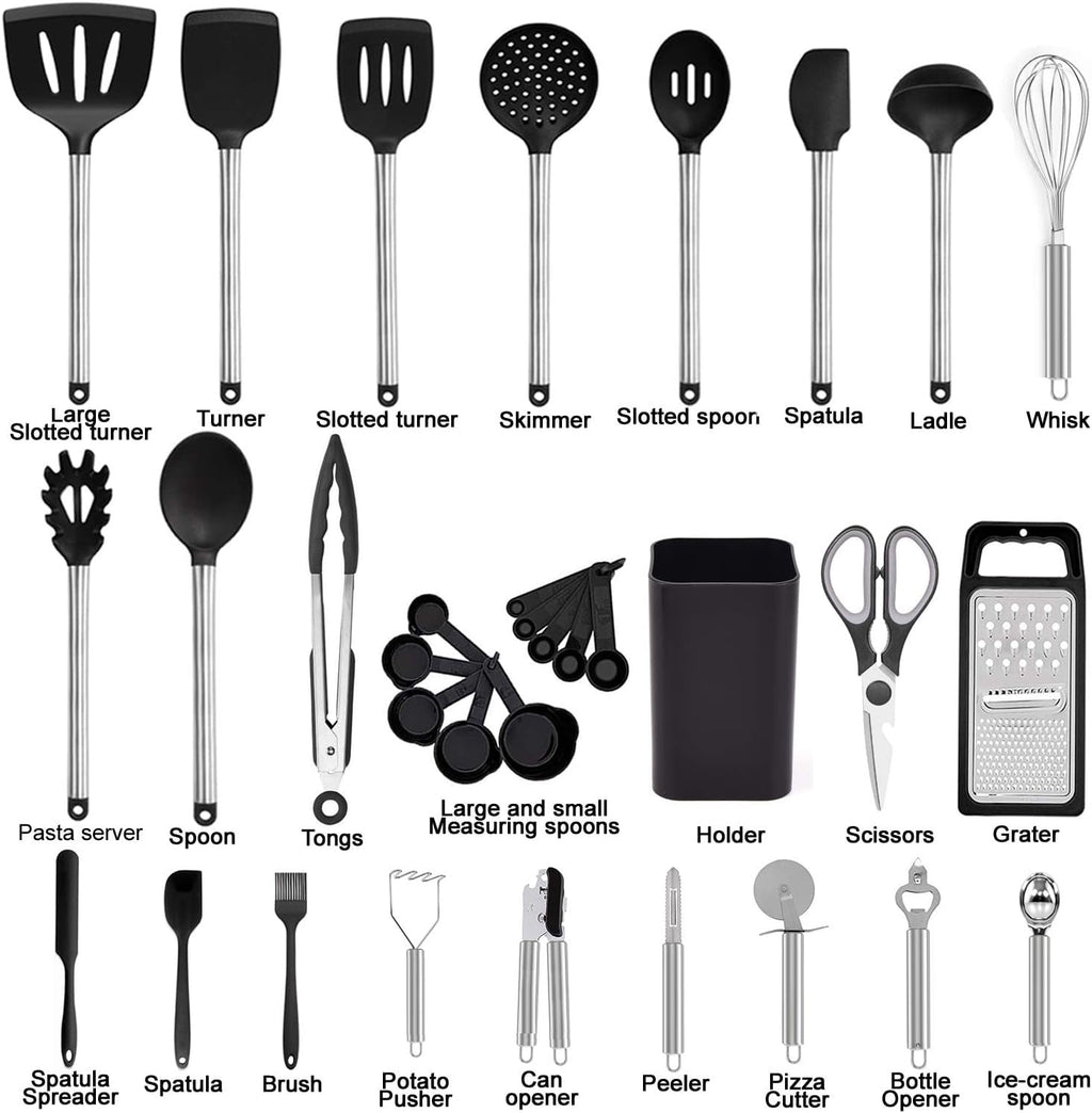 Ergonomic Cooking Kitchen Utensil Set-Silicone Cooking Utensils-33 Kitchen Gadgets & Spoons for Nonstick Cookware-Silicone and Stainles... - Ergonomic Kitchen Tongs and Cooking Spoon Utensil Detail