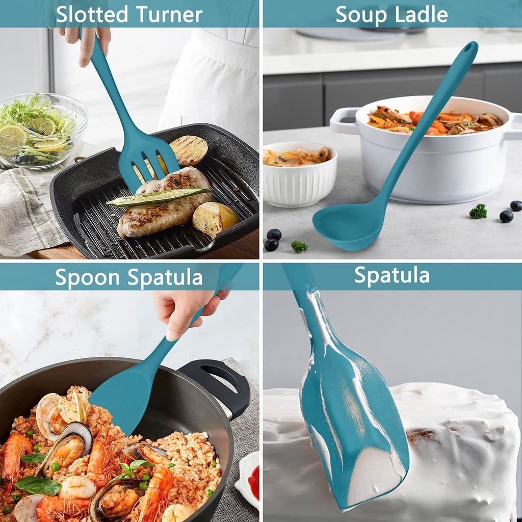 Non-Stick Safe 7-Piece Silicone Cooking Utensils Set, Blue Kitchen Utensils, Non-stick Gadgets Tools Include Slotted Turner, Soup La... - Durable Turner & Ladle Utensil Set for Home Chefs Detail