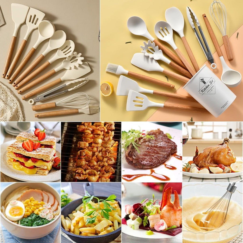 Seamless One-Piece Cooking Utensils Set, 12 packs Non-Stick Silicone Cooking Kitchen Utensils Spatula Set with Wooden Handles and... - Heat-Resistant Silicone Cooking Spatula Turner Detail