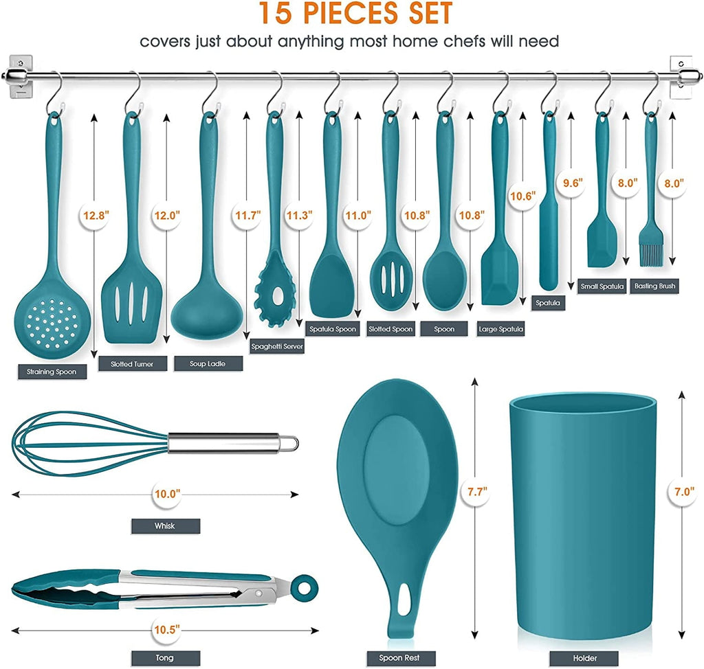 Premium Silicone 15-Piece Kitchen Utensils Set, Silicone Cooking Utensils with Holder, Non-stick Cookware Friendly & Heat Resistant - ... - Durable Turner & Ladle Utensil Set for Home Chefs Detail