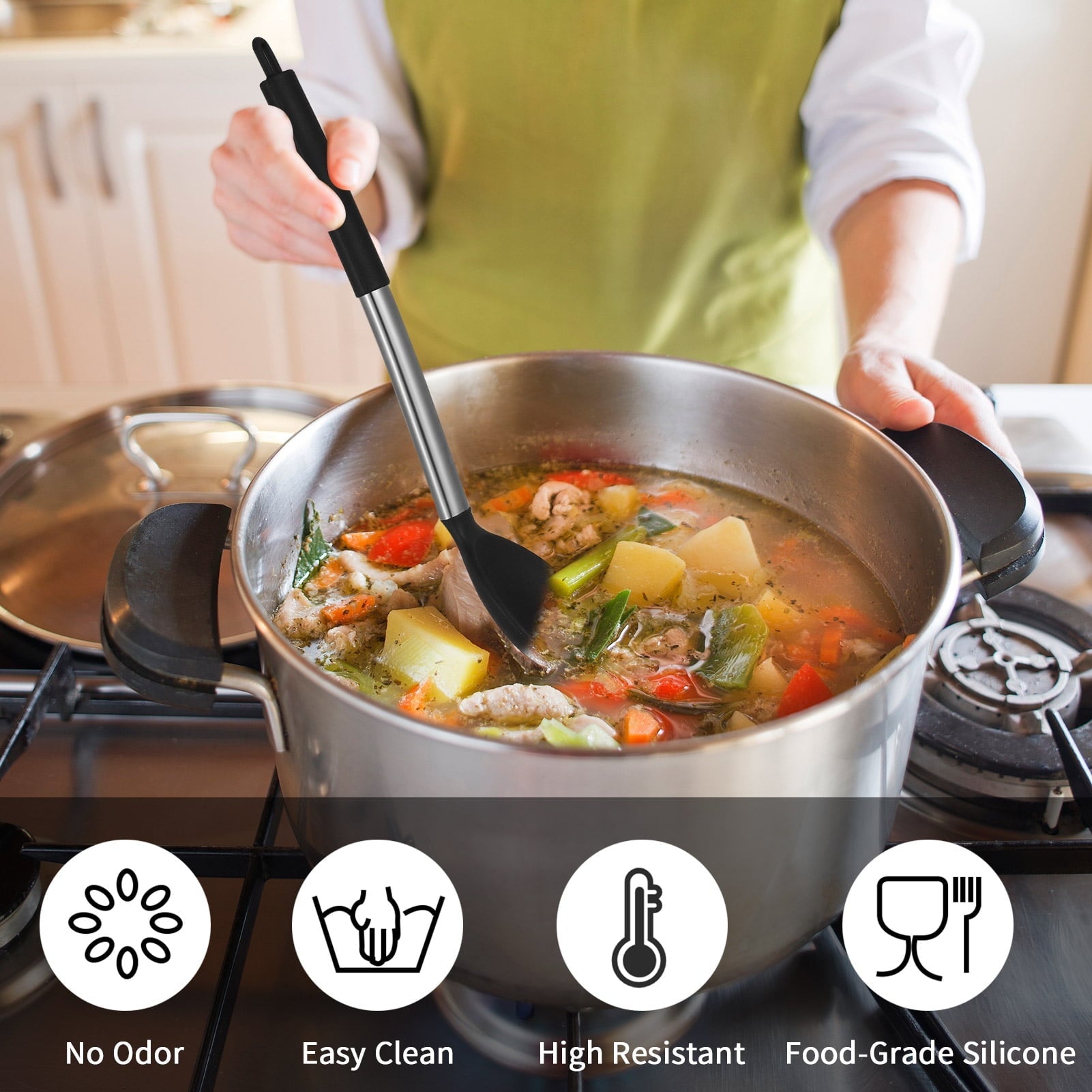 Premium Silicone Silicone Cooking Spatulas and Spoons, 4 Pack Heat Resistant Silicone Cooking Utensils Set, Non-stick Large Ki... - Ergonomic Kitchen Tongs and Cooking Spoon Utensil Detail