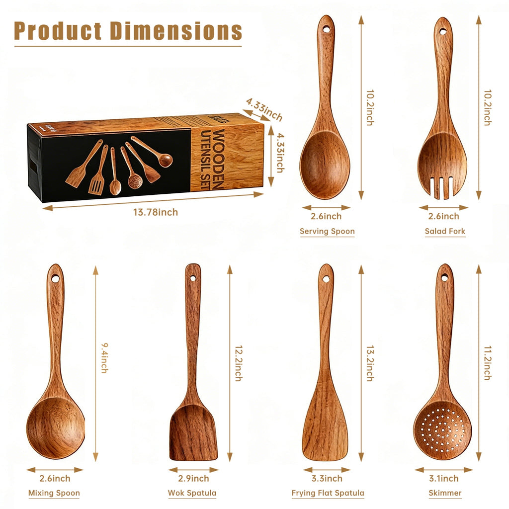 Ergonomic Cooking Wooden Spoons for Cooking, 6 PCS Teak Wood Cooking Utensil Set, Wooden Kitchen Utensils for Nonstick Pans & Cookware,... - Ergonomic Kitchen Tongs and Cooking Spoon Utensil Detail