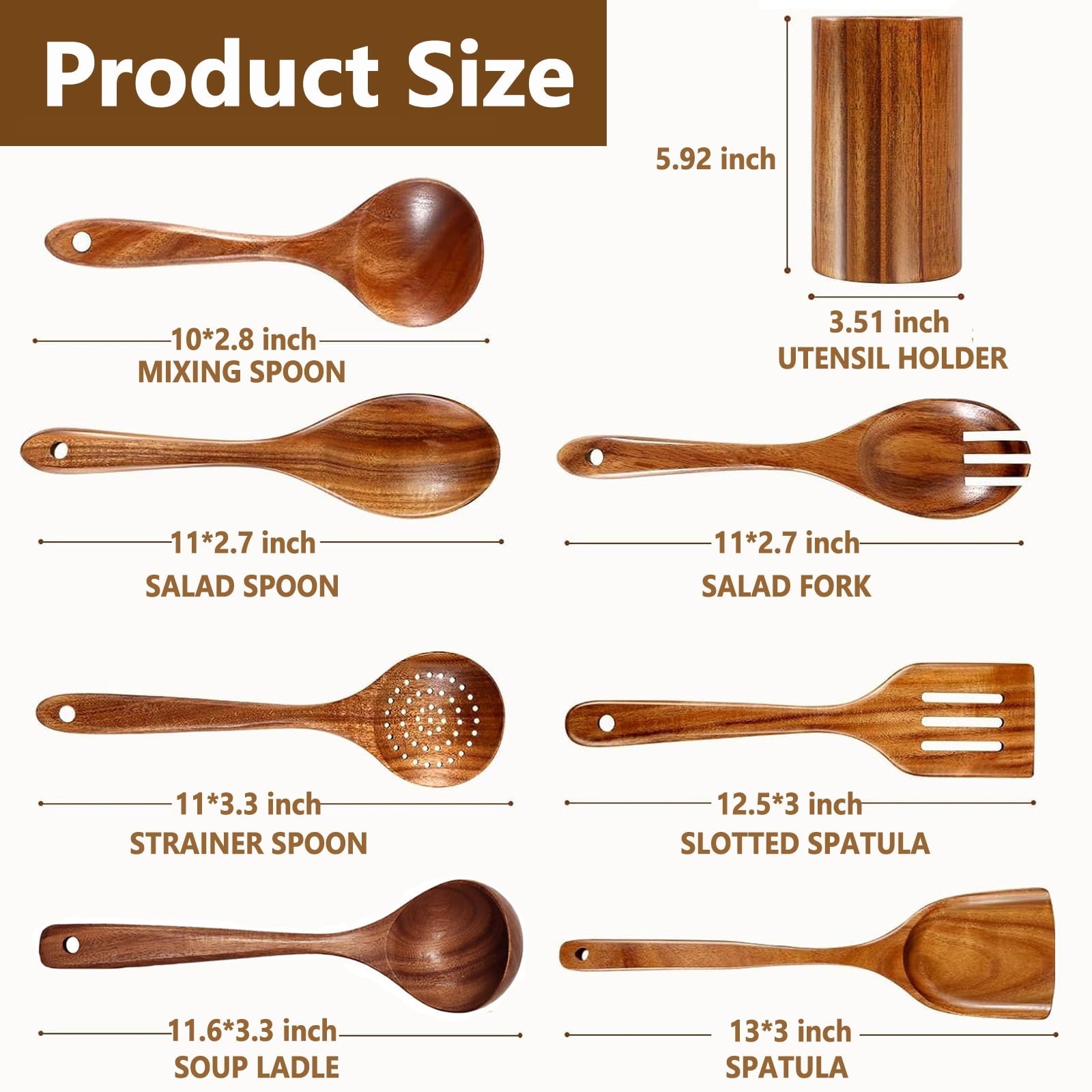 Heat-Resistant Wooden Spoons for Cooking, 8 Pcs Natural Teak Wooden Utensils Set, Non-Stick & Heat Resistant Durable Wood ... - Premium Stainless Steel Cooking Utensil for Non-Stick Pots Detail