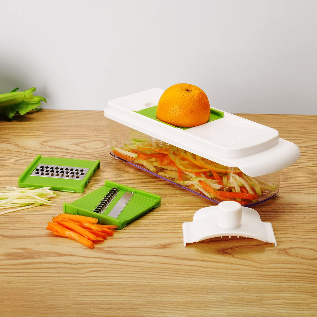 Multi-Functional 11 Pieces Multi-Function Nice Dicer and Mandoline, Stainless Steel, Green Glaze, 820g - Premium Stainless Steel Garlic Presser & Peeler Detail